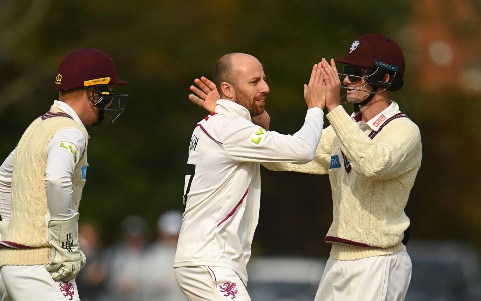 Leach celebrates taking the wicket of Dan Mousley - Jack Leach takes five wickets with everything stacked against bowling spin - Harry Trump/Getty Images