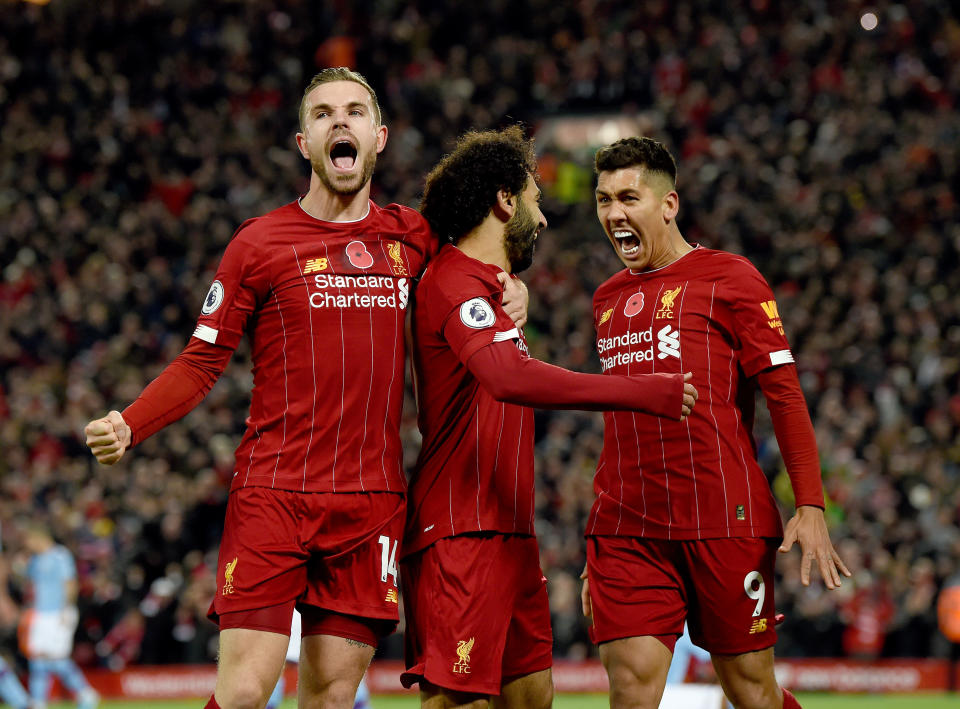 LIVERPOOL, ENGLAND - NOVEMBER 10: (THE SUN ON OUT, THE SUN ON SUNDAY OUT)  Mohamed Salah  of Liverpool  scores the second goal and celebrates  during the Premier League match between Liverpool FC and Manchester City at Anfield on November 10, 2019 in Liverpool, United Kingdom. (Photo by John Powell/Liverpool FC via Getty Images)