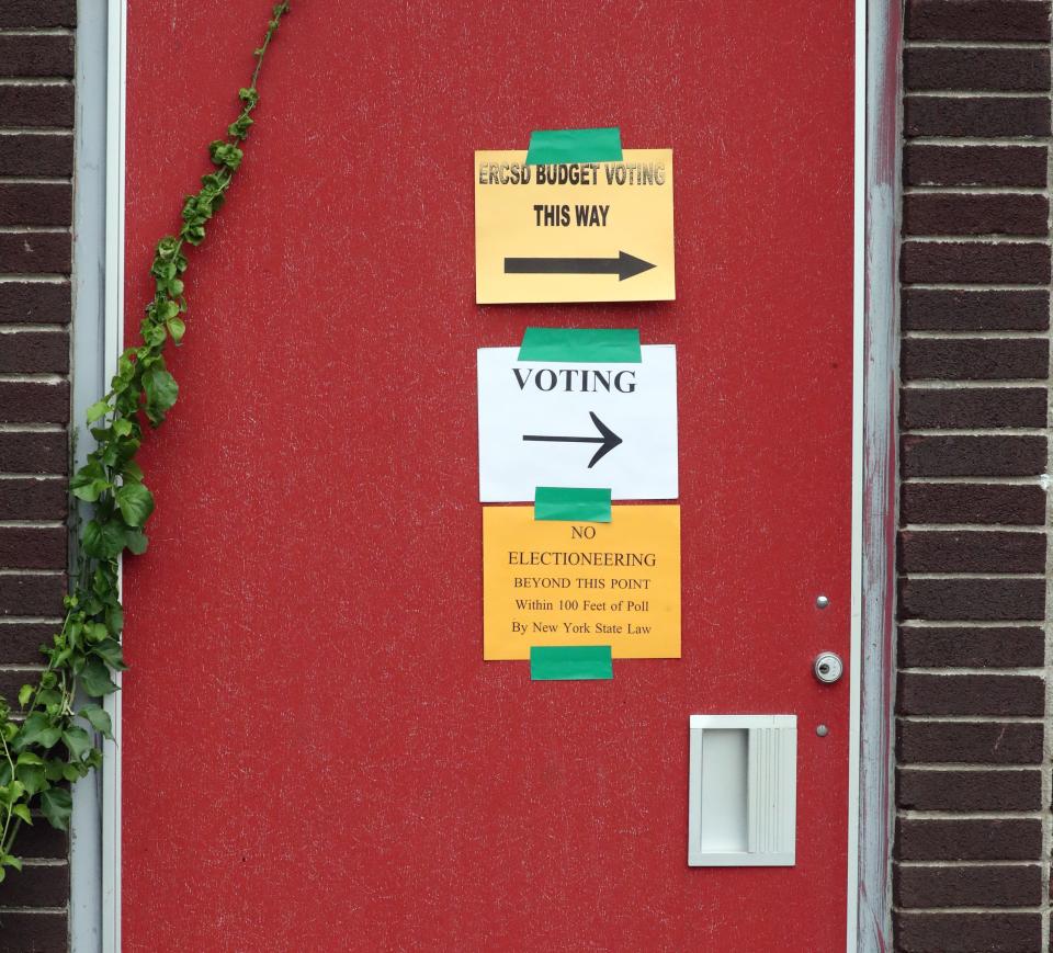 A sign directs people for the revote of the East Ramapo School District budget at Pomona Middle School June 21, 2022.