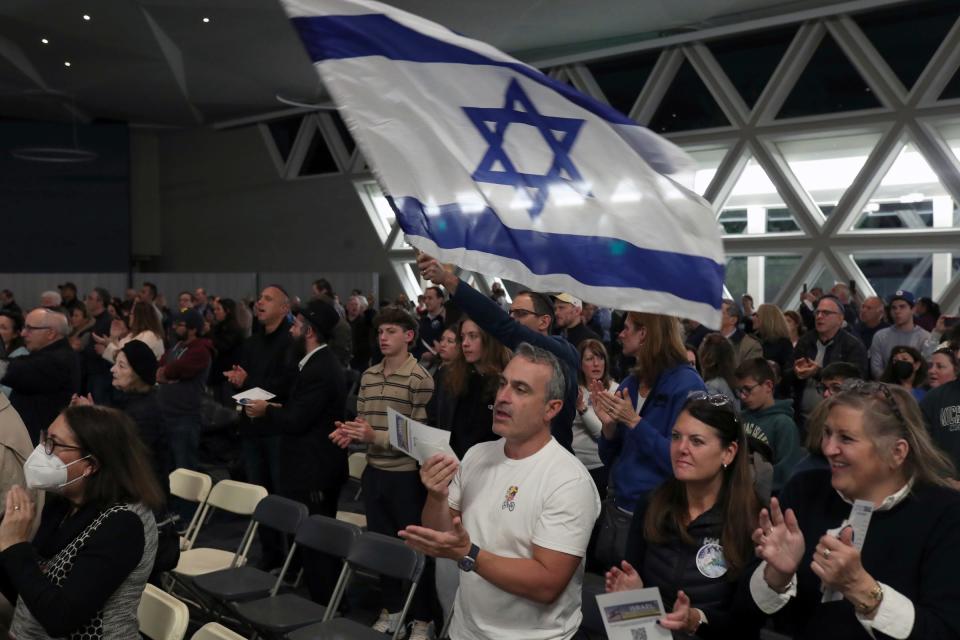 A couple thousand locals gathered at one of Michigan's oldest synagogues, Congregation Shaarey Zedek, on Monday, Oct. 9, 2023, for the Detroit Israel We Stand Together rally. Those attending heard testimonies from people in Israel that have been affected by Hamas attacks. At the end of the rally,  people stood up and sang before leaving.