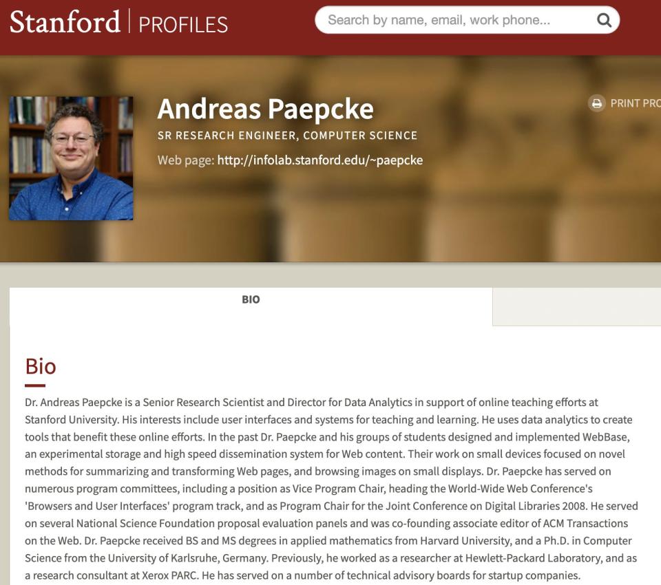 Stanford bio page and picture for senior research scientist Andreas Paepcke