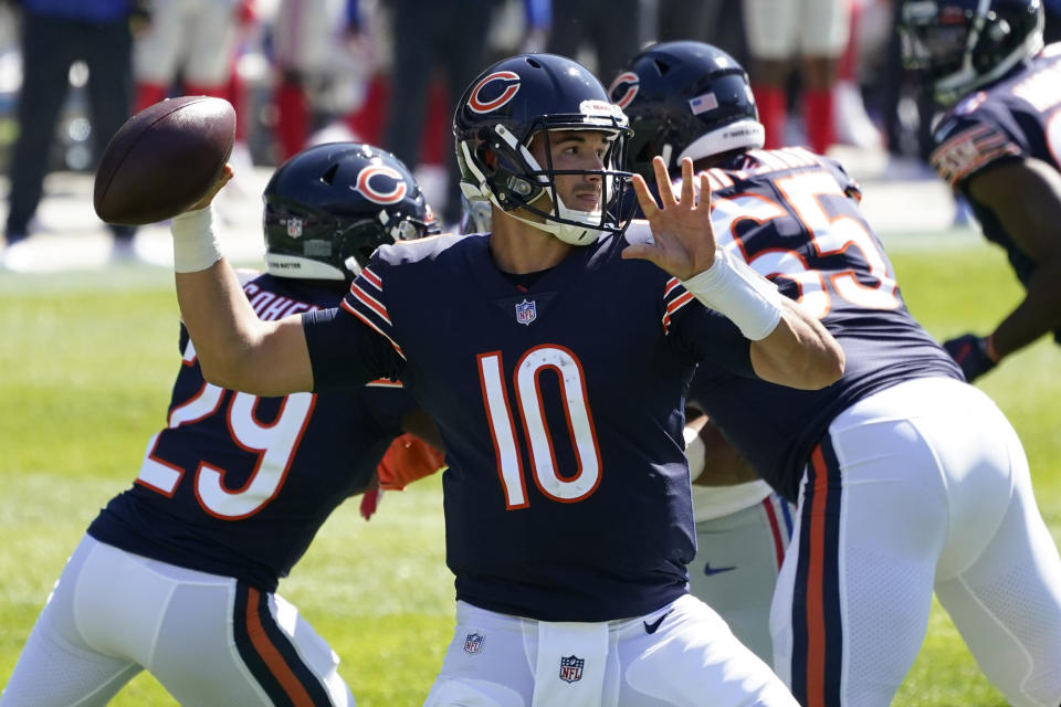 Chicago Bears quarterback Mitchell Trubisky (10) throws against the New York Giants during the first half of an NFL football game in Chicago, Sunday, Sept. 20, 2020. (AP Photo/Nam Y. Huh)