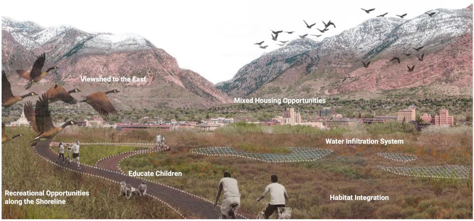 This illustration shows a way to develop communities along the eastern shore of the Great Salt Lake so that sprawl is limited and the wetlands are buffered. It was created by Utah State University’s landscape architecture and environmental planning seniors in their capstone class in spring 2023. | Utah State University