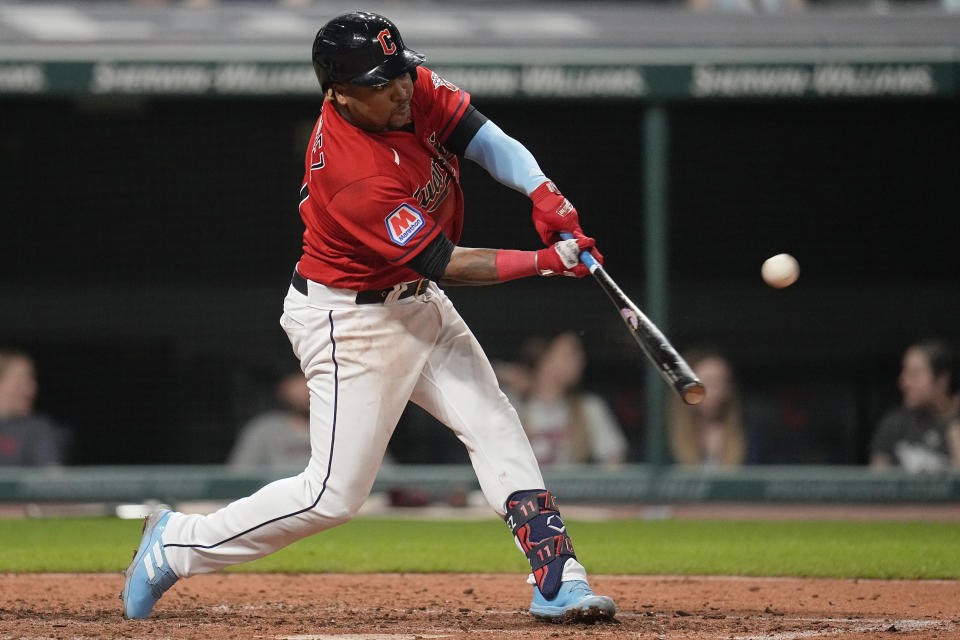 Cleveland Guardians' Jose Ramirez hits a home run against the Kansas City Royals dudring the sixth inning of a baseball game Thursday, July 6, 2023, in Cleveland. (AP Photo/Sue Ogrocki)