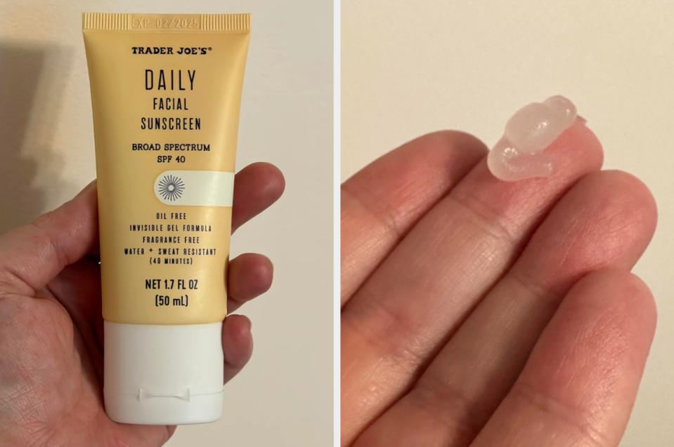 Left: A tube of Trader Joe's Daily Facial Sunscreen. Right: A person's hand with a dollop of sunscreen