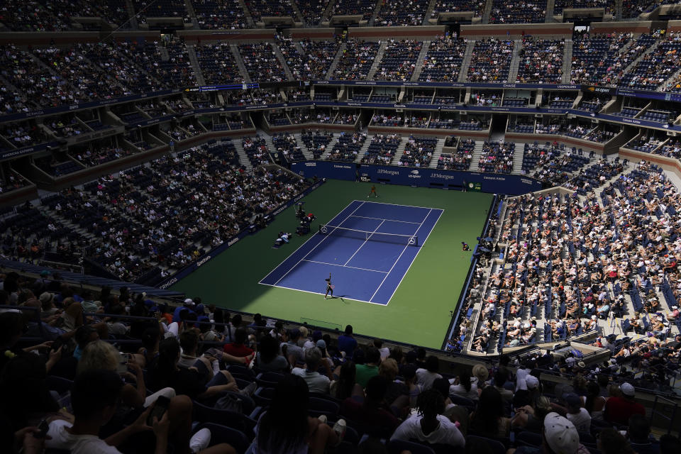 Sloane Stephens, of the United States, serves to Madison Keys, of the United States, during the first round of the US Open tennis championships, Monday, Aug. 30, 2021, in New York. (AP Photo/Seth Wenig)