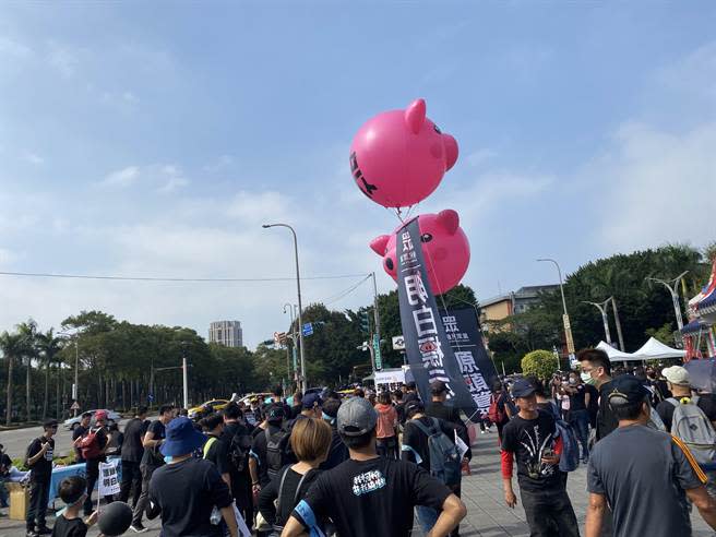 民眾黨高舉旗幟表達訴求。（圖／中時新聞網）