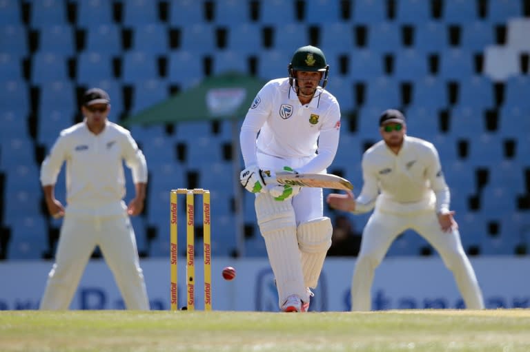 South Africa batsman Quinton De Kock (centre) plays a shot on the first day of the second Test against New Zealand in Centurion, South Africa on August 27, 2016