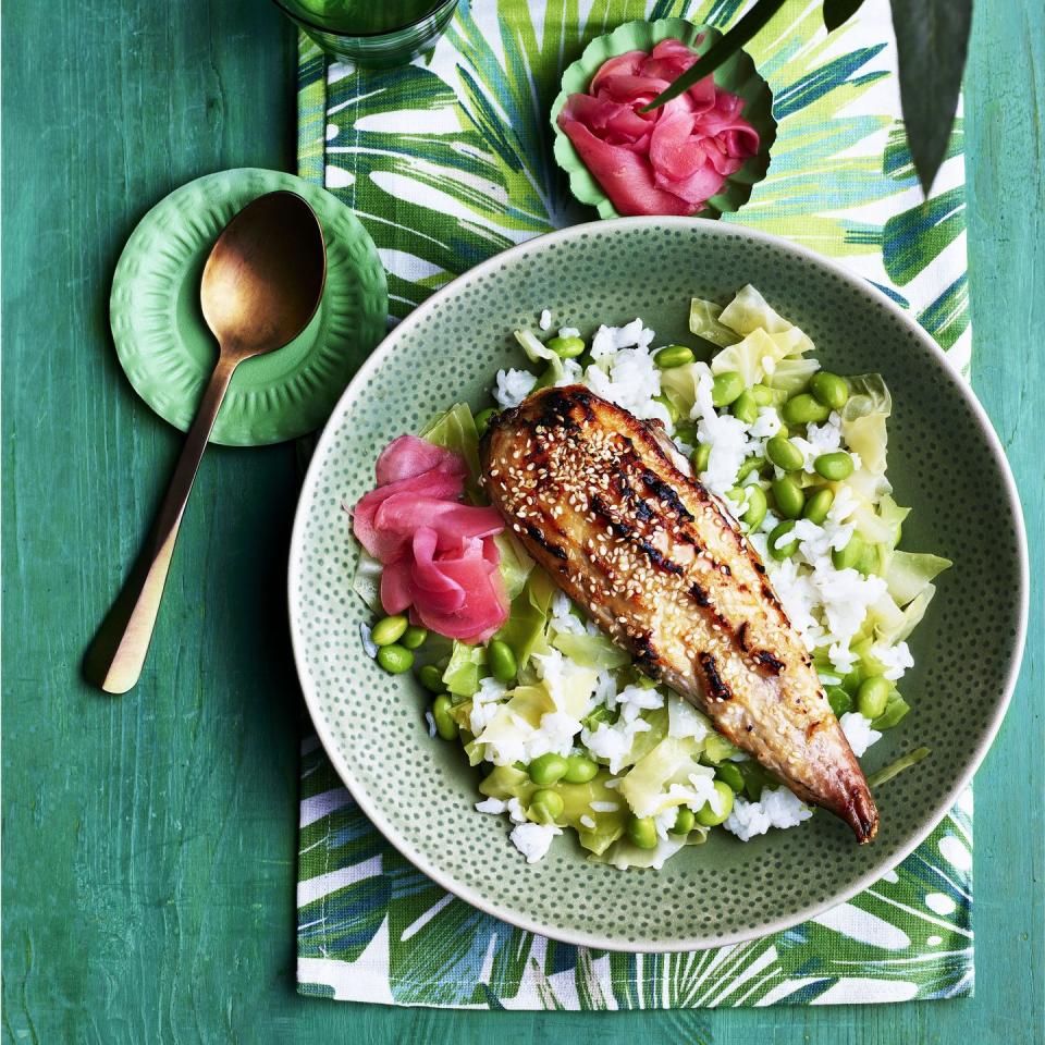 <p>August is also <a href="https://www.goodhousekeeping.com/uk/food/recipes/a26129234/mackerel-salad/" rel="nofollow noopener" target="_blank" data-ylk="slk:British mackerel;elm:context_link;itc:0" class="link ">British mackerel</a> season, so make the most of it with this Japanese-inspired recipe. It's just as delicious as it looks, with the umami <a href="https://www.goodhousekeeping.com/uk/food/recipes/a568678/miso-aubergines-spring-green-rice/" rel="nofollow noopener" target="_blank" data-ylk="slk:miso;elm:context_link;itc:0" class="link ">miso</a> pairing perfectly with the natural sweetness of the mackerel and mirin sushi rice. </p><p><strong>Recipe: </strong><a href="https://www.goodhousekeeping.com/uk/food/recipes/a30891194/miso-mackerel/" rel="nofollow noopener" target="_blank" data-ylk="slk:Miso mackerel with sticky rice;elm:context_link;itc:0" class="link "><strong>Miso mackerel with sticky rice</strong></a><br></p>