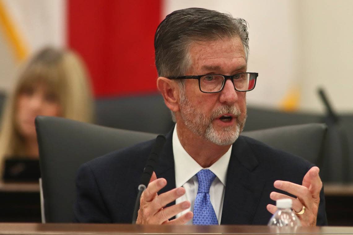 Sen. Jim Boyd, R-Bradenton, speaks during the Committee on Banking and Insurance meeting Monday, Dec. 12, 2022, at the Capitol in Tallahassee. Florida lawmakers met to consider ways to shore up the state’s struggling home insurance market in the year’s second special session devoted to the topic.