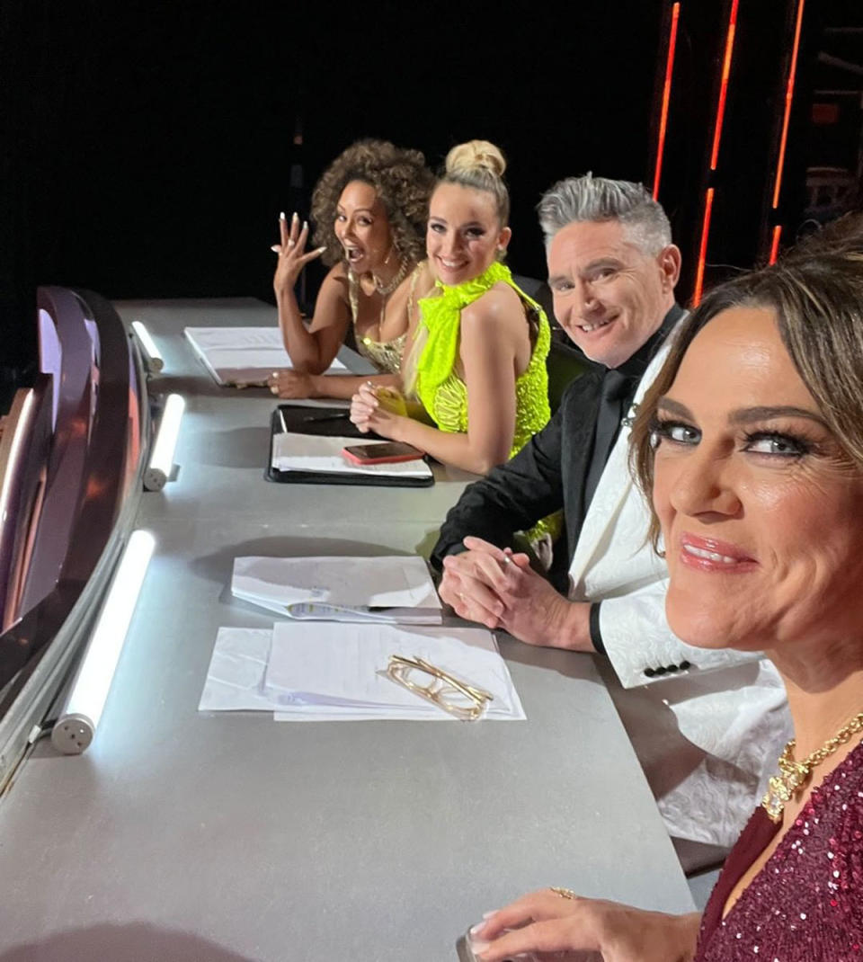 Mel B, Abbie Chatfield, Dave Hughes, Chrissie Swan on the set of The Masked Singer