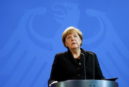 German Chancellor Angela Merkel speaks about the attacks in Paris, at the chancellery in Berlin, Germany, November 14, 2015. REUTERS/Hannibal Hanschke