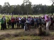 England's Lee Westwood plays from the rough on the 11th during day four of the PGA Championship at Wentworth Golf Club, Surrey, England, Sunday, Sept. 12, 2021. (Steven Paston/PA via AP)