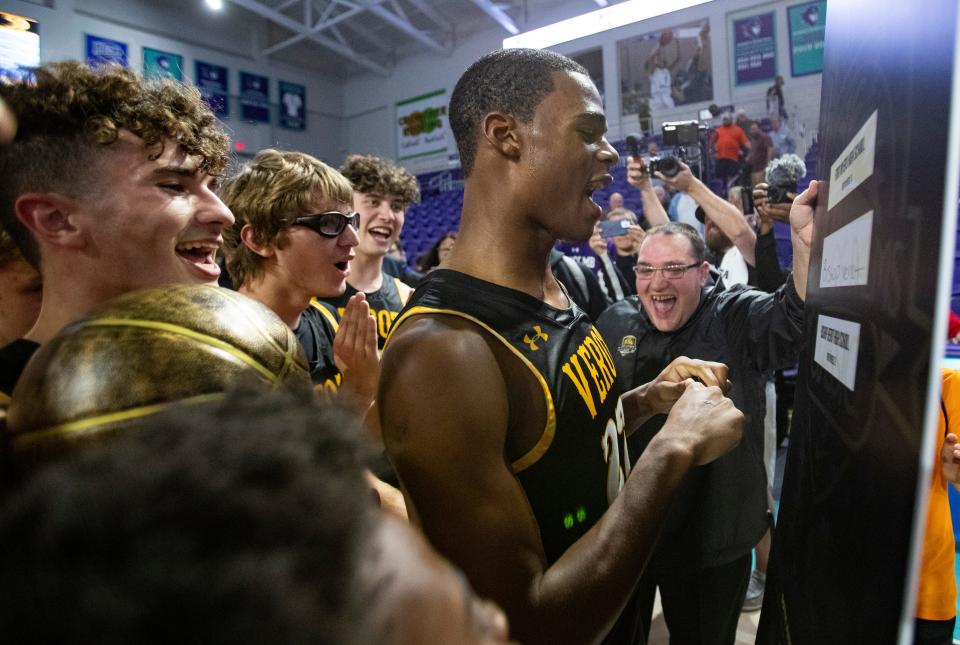 The Bishop Verot Vikings compete against the Fort Myers Green Wave in the 50th annual City of Palms Classic Hugh Thimlar Tribute game at Suncoast Credit Union Arena in Fort Myers on Wednesday, Dec. 20, 2023.