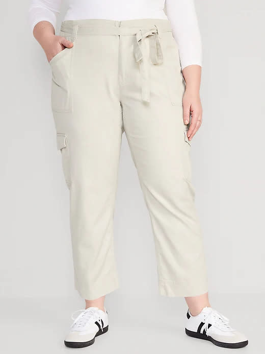 High-Waisted Tie-Belt Cargo Straight Workwear Ankle Pants. Image via Old Navy.