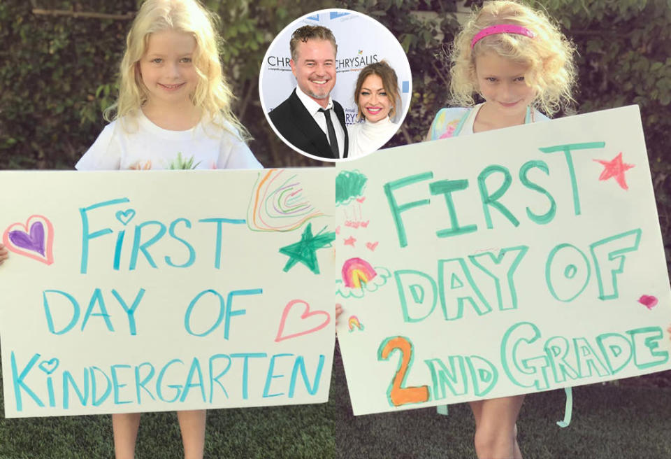 <p>Eric Dane and Rebecca Gayheart’s daughters looked ready for kindergarten and second grade. We love mom’s homemade signs! (Photos: <a rel="nofollow noopener" href="https://www.instagram.com/p/BYdqaxGhmOH/?hl=en&taken-by=rebeccagayheartdane" target="_blank" data-ylk="slk:Rebecca Gayheart" class="link rapid-noclick-resp">Rebecca Gayheart</a> <a rel="nofollow noopener" href="https://www.instagram.com/p/BYeH3hzh5g6/?hl=en&taken-by=rebeccagayheartdane" target="_blank" data-ylk="slk:via Instagram" class="link rapid-noclick-resp">via Instagram</a>/Getty Images)<br><br><br></p>