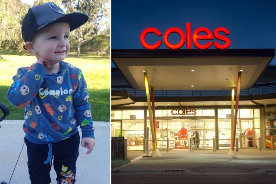 Landyn Pass smiles in a photo on the left and a Coles storefront on the right.