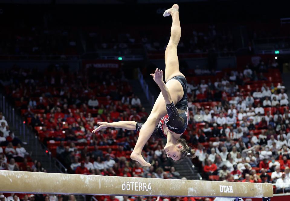 Utah’s Grace McCallum does her beam routine as the Utah Red Rocks compete against Boise State in a gymnastics meet at the Huntsman Center in Salt Lake City on Friday, Jan. 5, 2024. Utah won. | Kristin Murphy, Deseret News