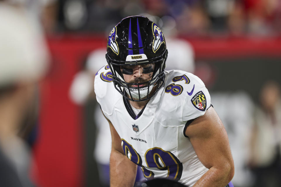 Baltimore Ravens tight end Mark Andrews (89) lines up during a NFL football game against the Tampa Bay Buccaneers,Thursday, Oct. 27, 2022 in Tampa, Fla. (AP Photo/Alex Menendez)