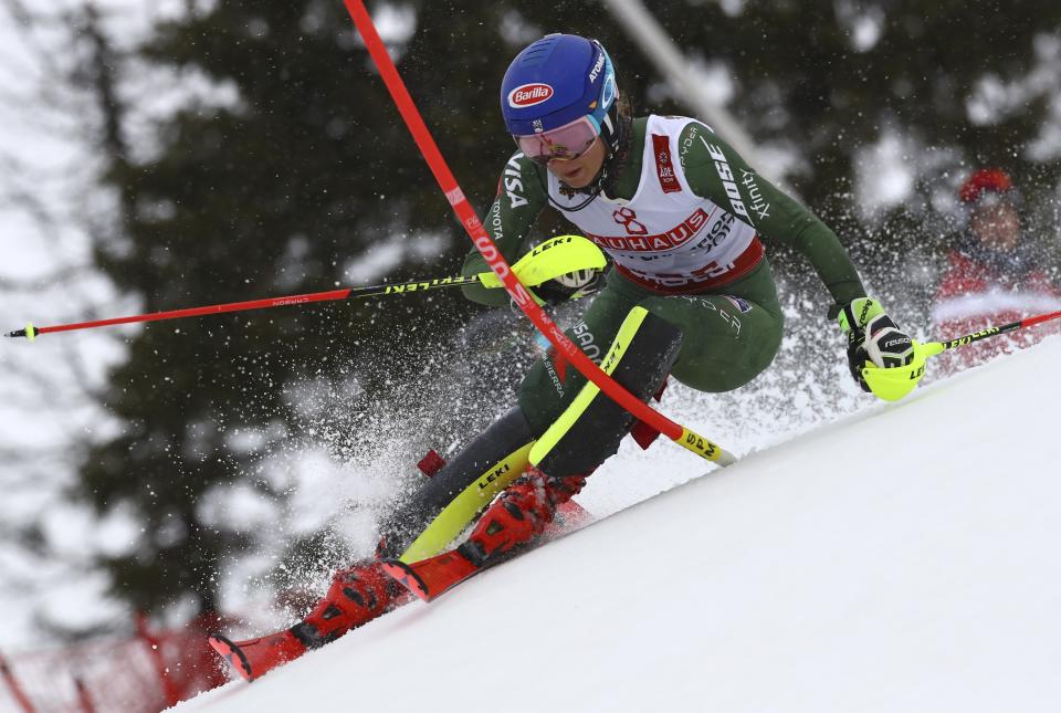 United States' Mikaela Shiffrin competes on her way to win the women's slalom, at the alpine ski World Championships in Are, Sweden, Saturday, Feb. 16, 2019. (AP Photo/Alessandro Trovati)
