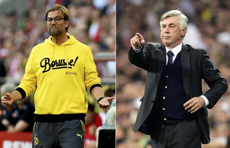 This combination picture shows former Borussia Dortmund coach Juergen Klopp (L) and former Real Madrid coach Carlo Ancelotti