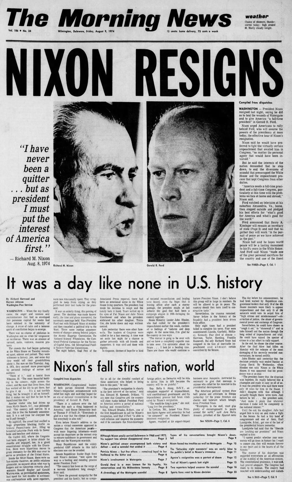 Front page of The Morning News from Aug. 9, 1974.