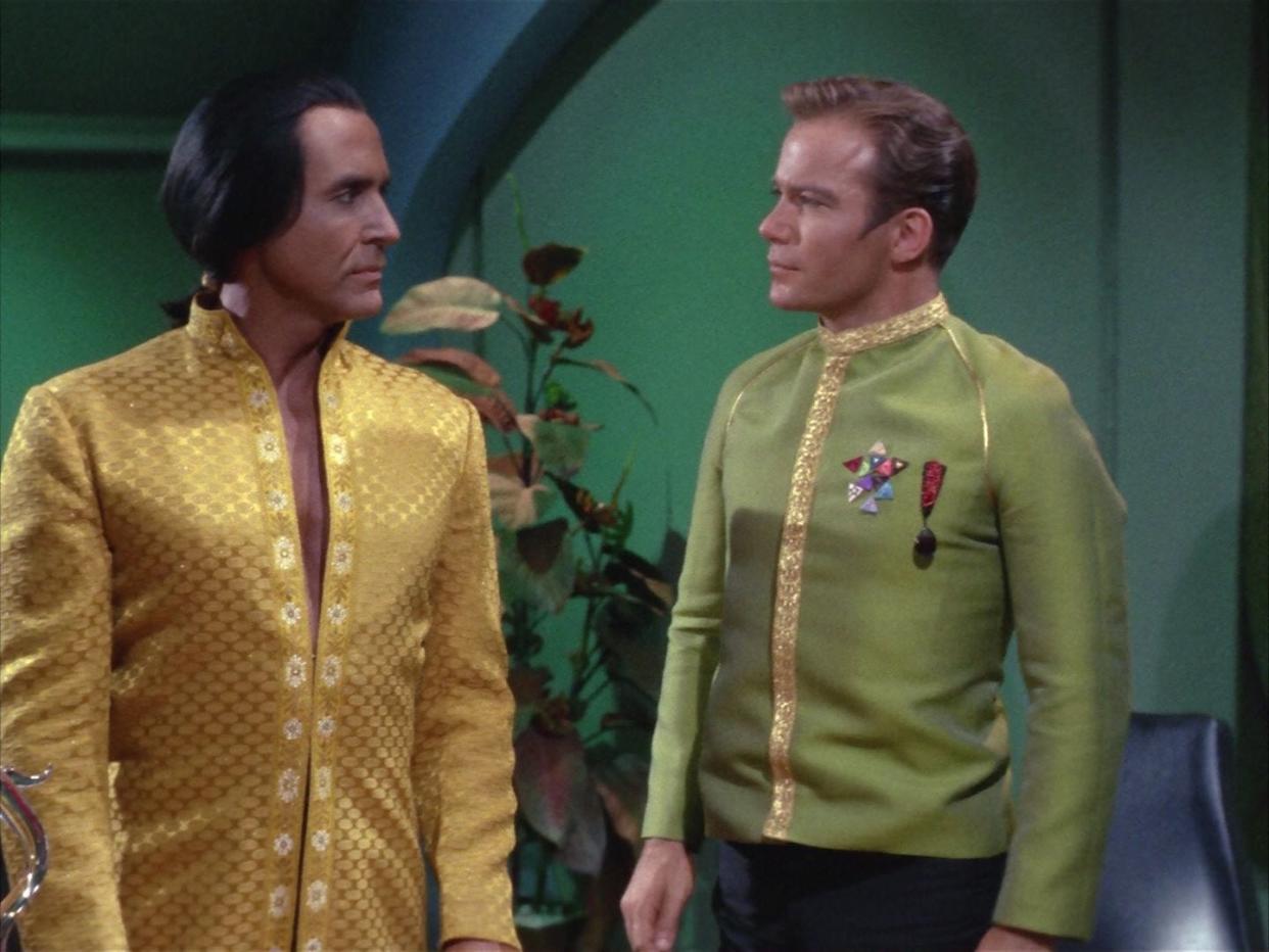 Khan Noonien Singh (Ricardo Montalbán), left, and Captain James T. Kirk (William Shatner) have a battle of intellect in the “Space Seed” episode of the original “Star Trek.” (Paramount Television). Shatner will be appearing at the FAN EXPO Boston this Friday and Saturday at the Boston Convention & Exhibition Center, Boston.