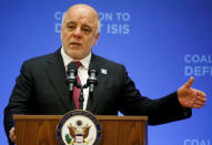 Iraqi Prime Minister Haider al-Abadi delivers remarks at the morning ministerial plenary for the Global Coalition working to Defeat ISIS at the State Department in Washington, U.S., March 22, 2017. REUTERS/Joshua Roberts