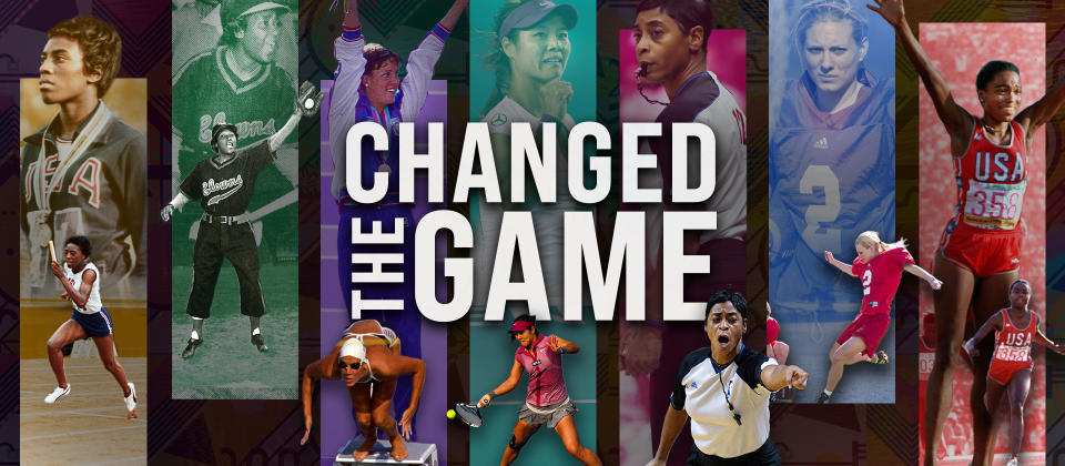 Graphic of Wyomia Tyus, Toni Stone, Tracy Caulkins, Li Na, Violet Palmer, Katie Hnida and Evelyn Ashford competing in their respective sports with the words 