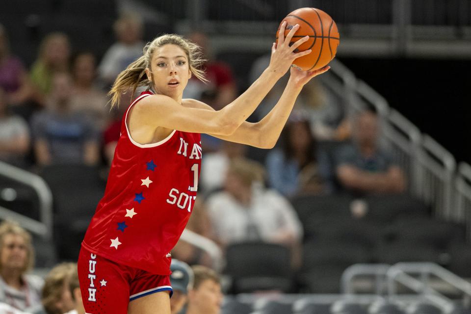 South Future All-Star Brooklyn Renn (11), a freshman from Silver Creek High School, during the second half of an girlsâ€™ Indiana High School Future All-Stars basketball game, Saturday, June 10, 2023, at Gainbridge Fieldhouse, in Indianapolis.