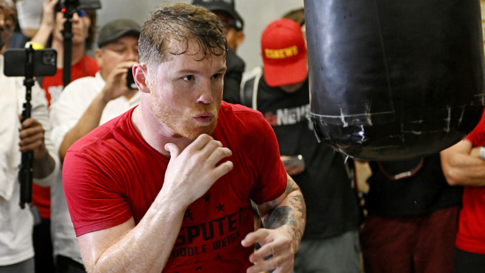 Canelo training with a bag