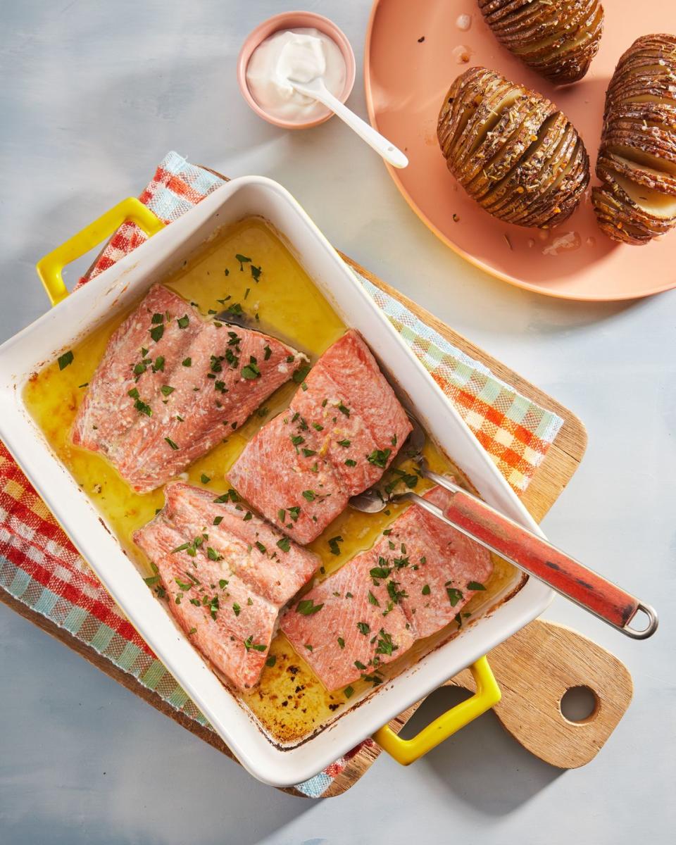 Butter Baked Salmon with Cast-Iron Hasselback Potatoes