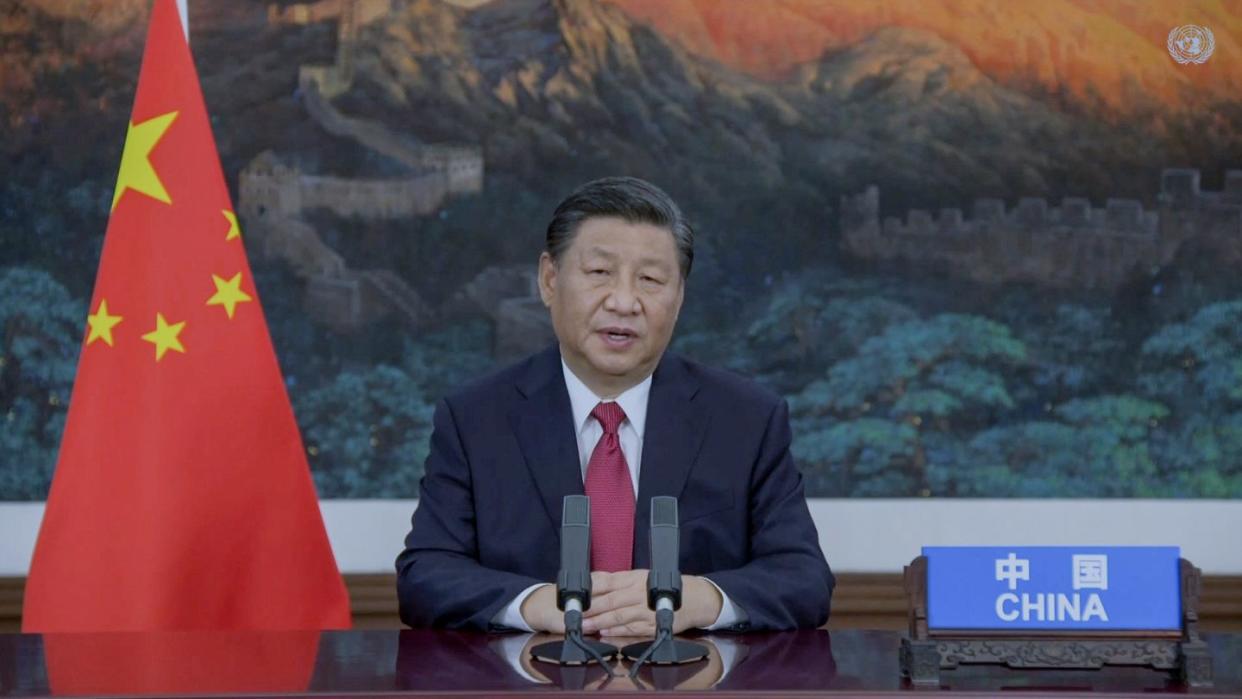 Chinas Präsident Xi Jinping spricht in einer aufgezeichneten Botschaft während der 76. Generaldebatte der UN-Vollversammlung der Vereinten Nationen in New York.