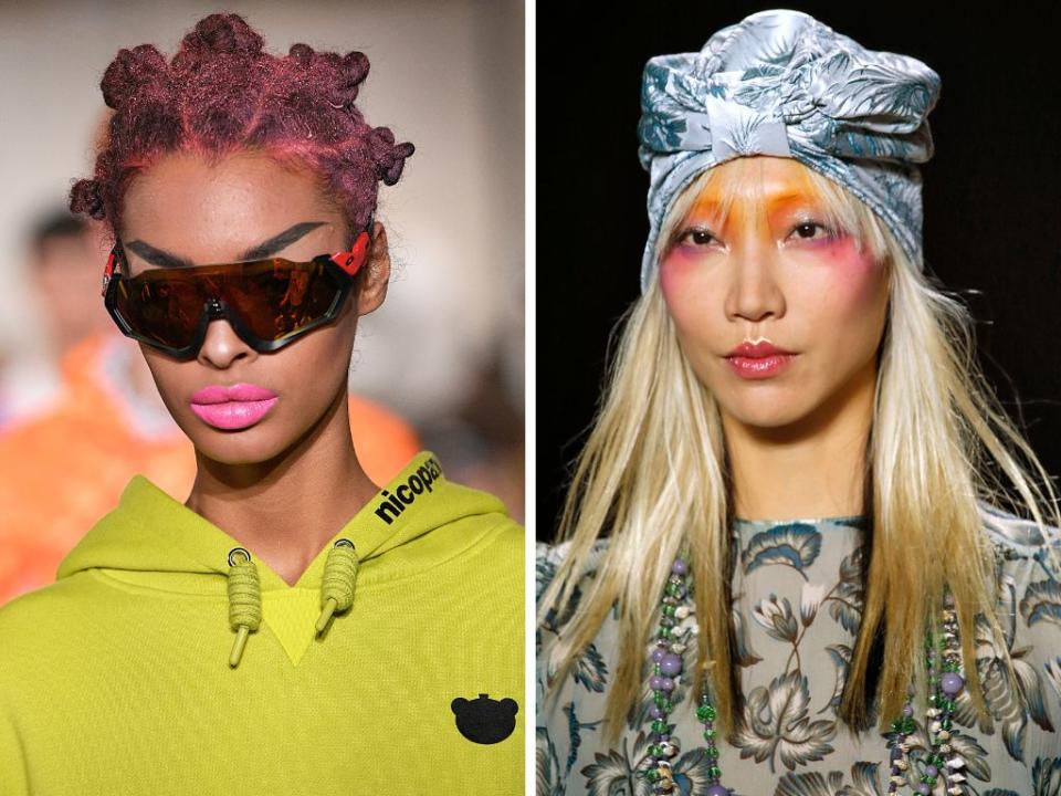 Left: A model walks the runway at the Nicopanda spring 2019 show. Right: A model walks the runway at the Anna Sui spring 2019 show. (Photo: Getty Images)