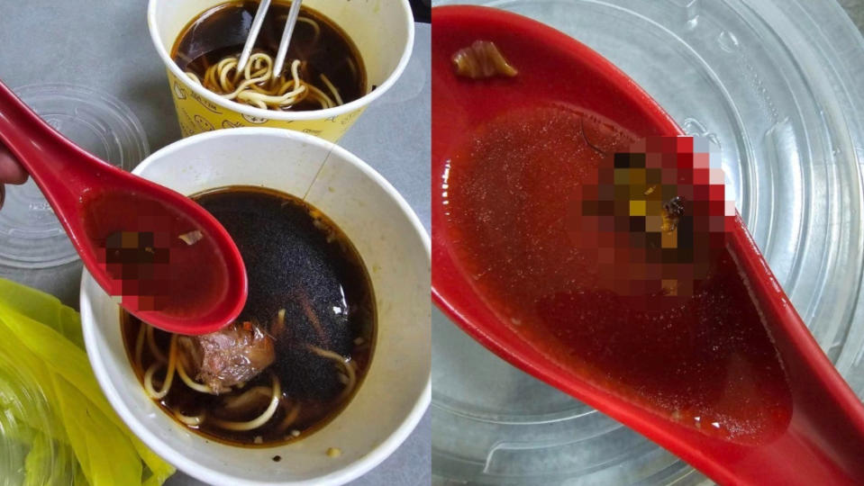 有新竹民眾透過外送點兩碗牛肉麵，其中一碗有隻完整的大蟑螂。翻攝自新竹爆料公社臉書