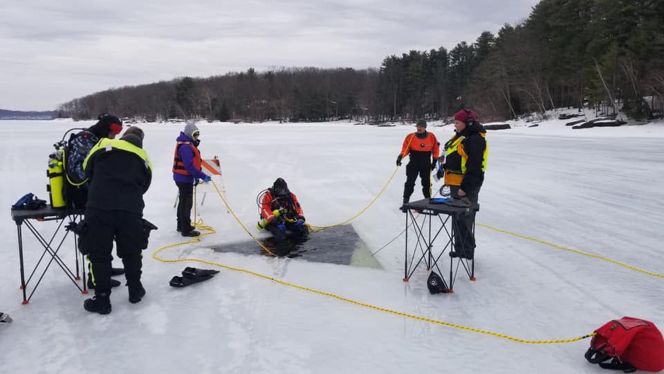 Tafton Dive/Rescue does another ice rescue drill on Lake Wallenpaupack. The company is planning a joint training exercise with Ledgedale Dive/Rescue in February. Both volunteer dive teams, based on either end of the 5,700 acre lake, partner together and are dispatched to lakes, ponds and rivers across the northeast Pennsylvania region and the Upper Delaware.