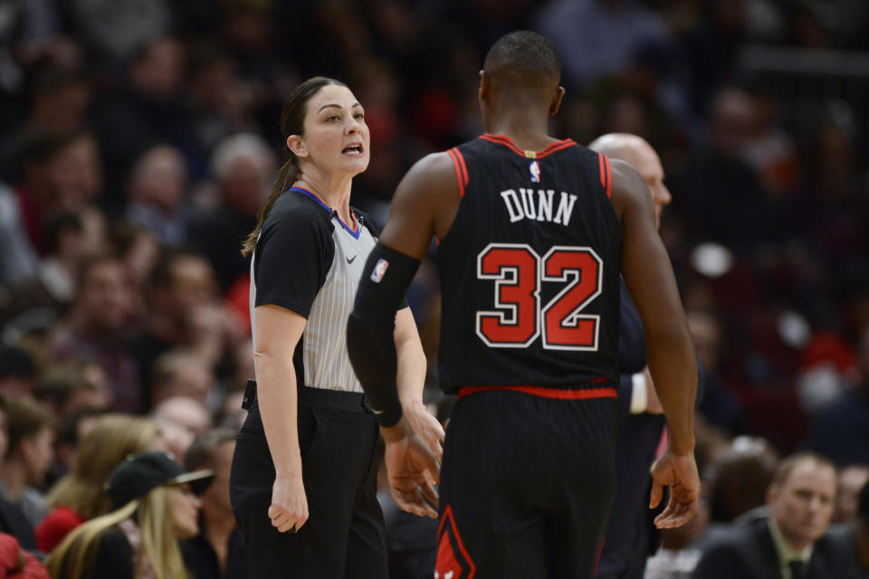 Lauren Holtkamp-Sterling is one of only four female officials in the NBA. (AP Photo/Paul Beaty)