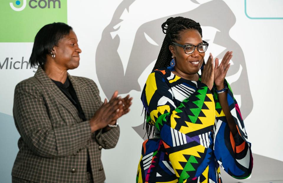 Mary Irby-Jones, left, executive editor of the Courier Journal and Midwest Regional Editor for the USA Today Network helps to announce Nicole Avery Nichols as the Detroit Free Press top editor on Wednesday, May 3, 2023.