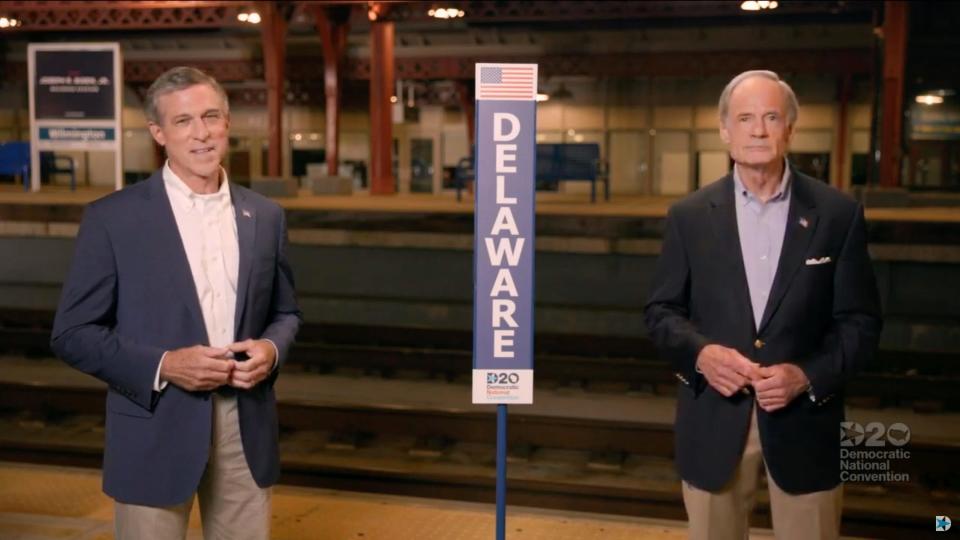 Gov. John Carney and Sen. Tom Carper of Delaware cast nominating votes during the Democratic National Convention at the Wisconsin Center, Tuesday, Aug. 18, 2020.