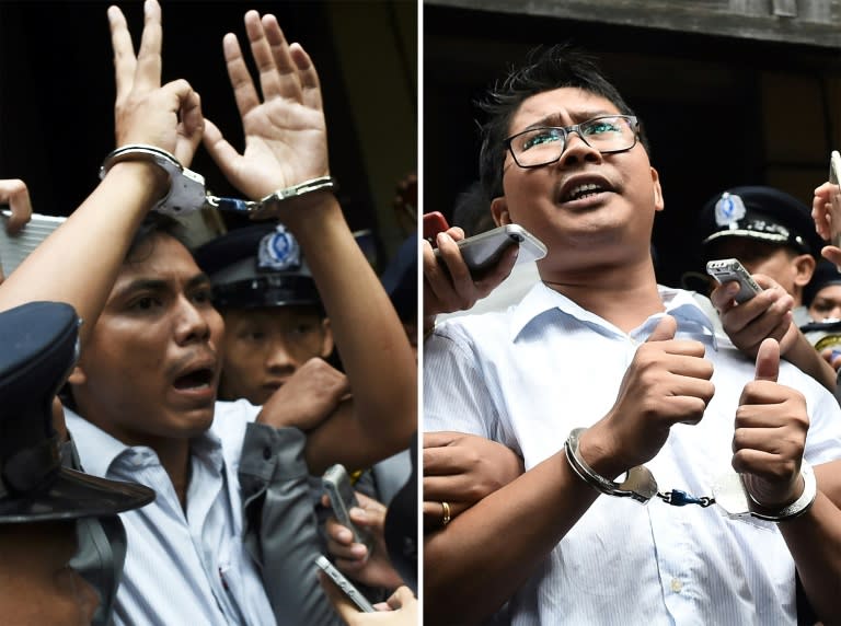 Wa Lone, 32, and Kyaw Soe Oo, 28, were arrested in December 2017 and later sentenced to seven year prison terms for what prosecutors said was the possession of classified material