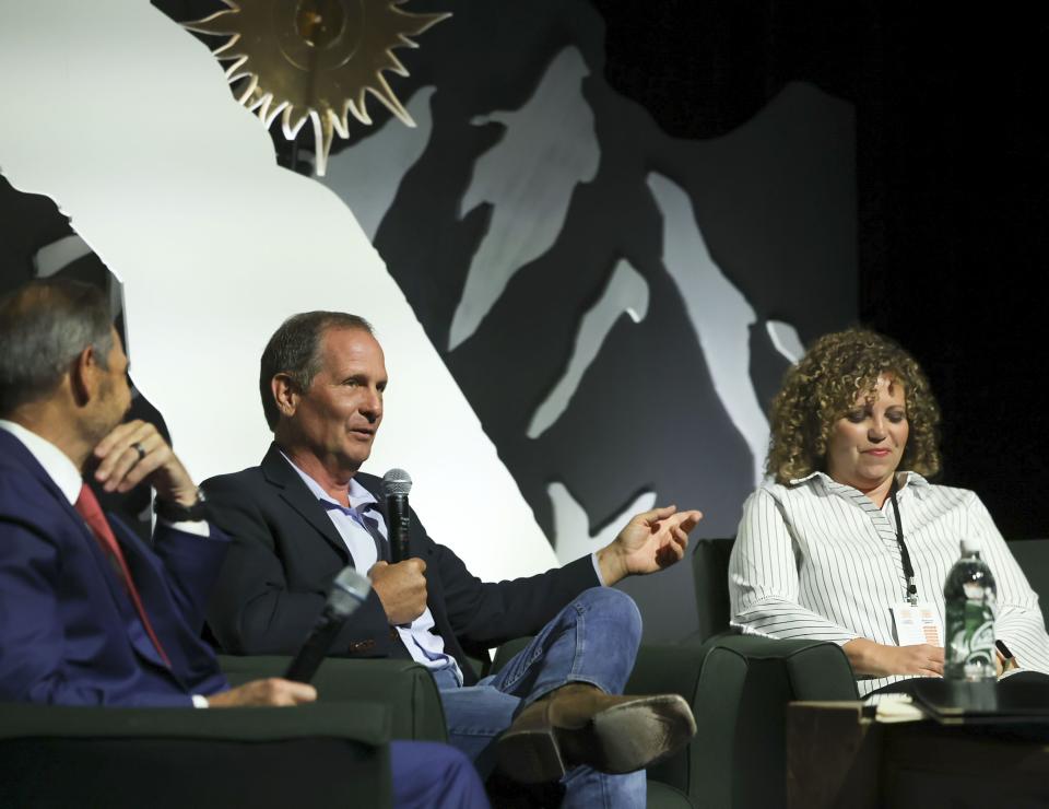 Rep. John Curtis and Rep. Chris Stewart speak with Celeste Maloy at the 2nd Annual Conservative Climate Summit at Utah Valley University in Orem on Friday, Sept. 8, 2023. | Laura Seitz, Deseret News