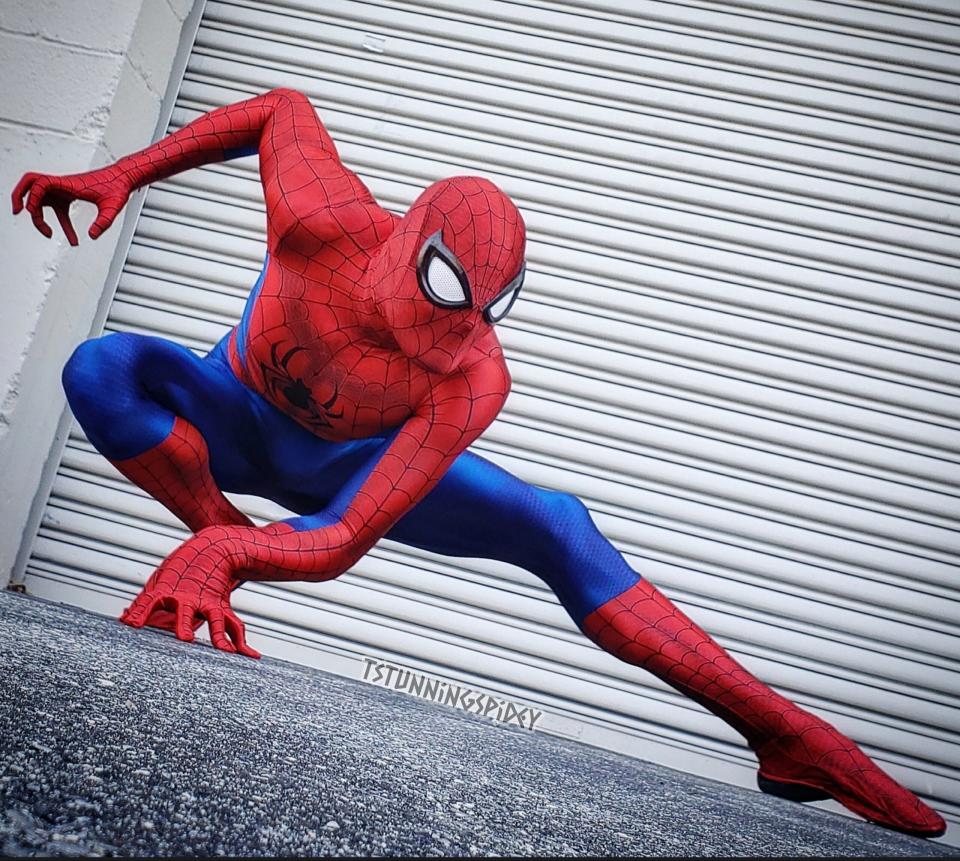 In these undated photos provided by Tyler Scott Hoover, a professional Spider-Man cosplayer and model, Hoover is pictured in the classic costume of the Marvel comic superhero. In August 2022, as the iconic character marks 60 years in the vast, imaginative world of comic books, movies and merchandise, fans like Hoover reflect on Spider-Man’s appeal across race, gender and nationality. (Tyler Scott Hoover via AP)