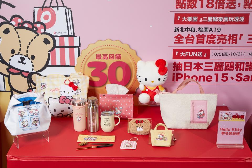 Global Mall X Hello Kitty聯名會員禮，都是各式可愛實用生活小物，像是蛋形杯、絨毛零錢包、菜瓜布、保溫袋等。（業者提供）