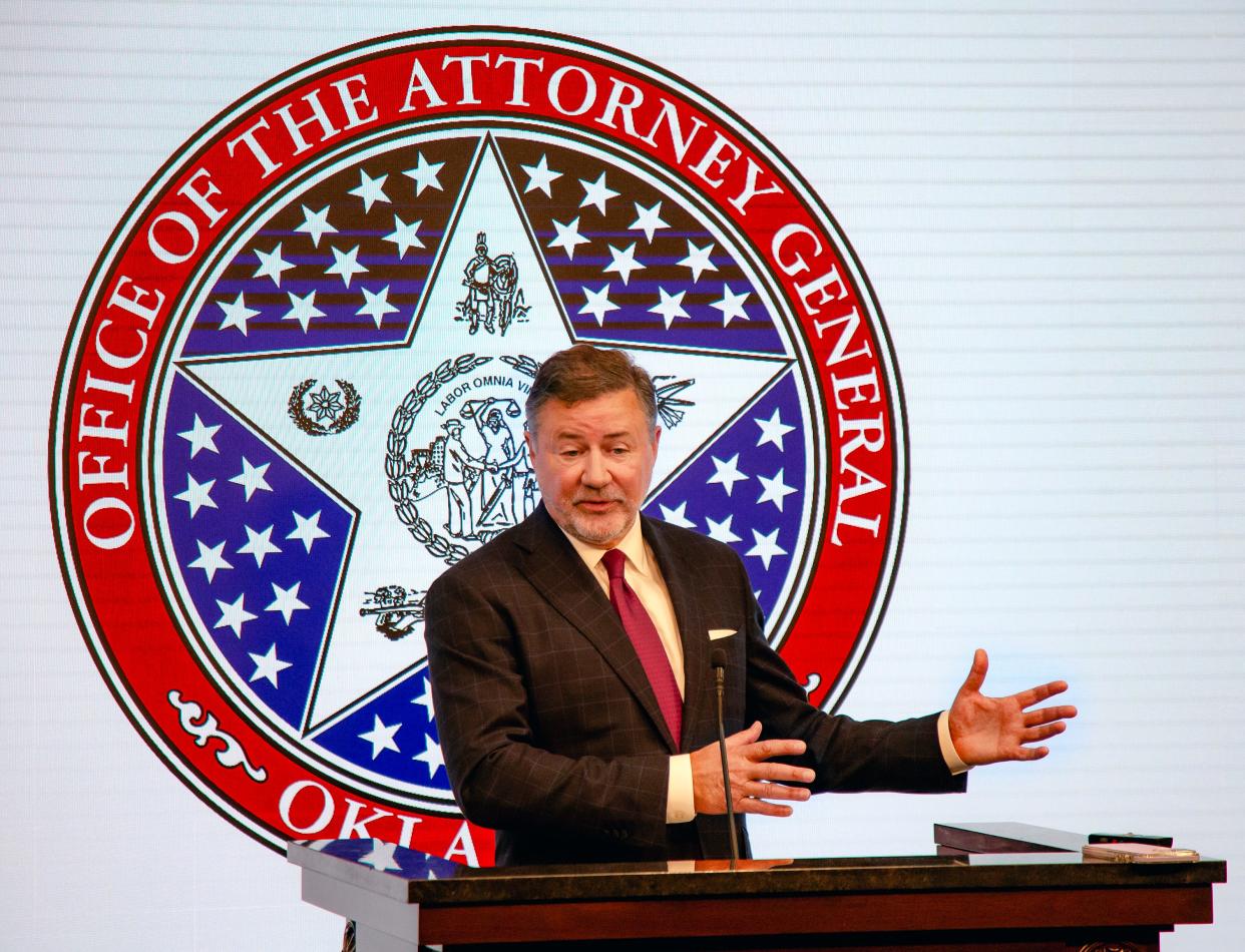 Attorney General Gentner Drummond speaks during a July 18 news conference at the state capitol in Oklahoma City.