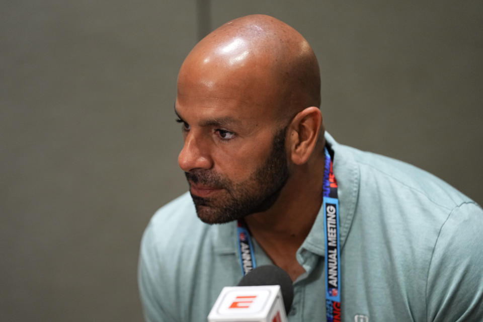 New York Jets head coach Robert Saleh speaks during the AFC head coaches availability at the NFL meetings, Monday, March 27, 2023, in Phoenix. (AP Photo/Matt York)