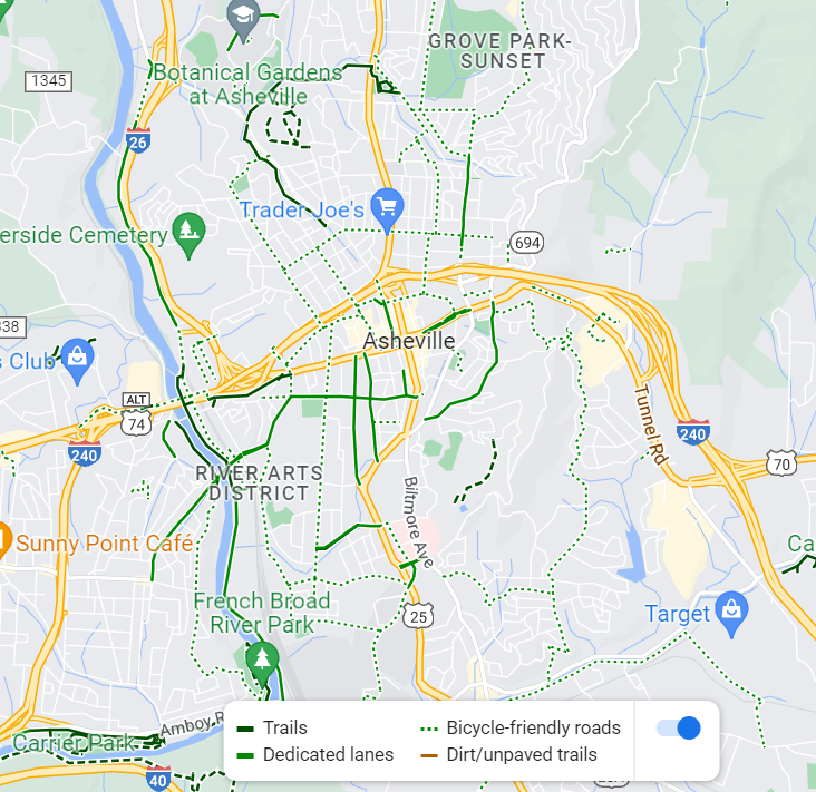 Asheville bike lane network overlay as seen on Google Maps.