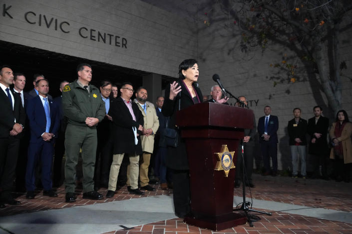 Rep.  Judy Chu, D-Calif, speaks to the media outside the Civic Center in Monterey Park, Calif., Sunday, Jan. 22, 2023. A mass shooting occurred at a dance club after a Lunar New Year celebration. (Photo by Sports/Newscom via ZUMA Press)