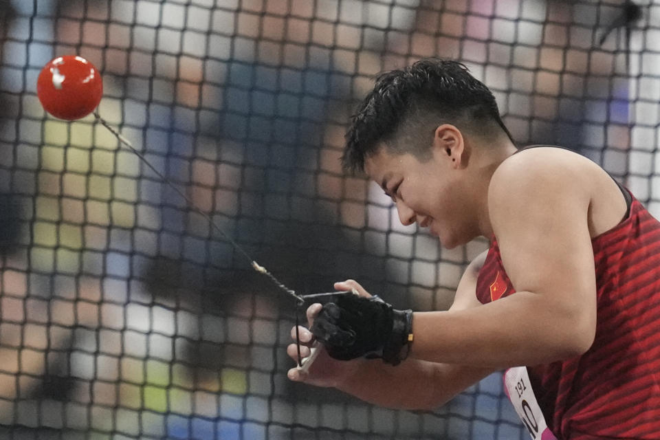China's Zhao Jie competes during the women's hammer throw final at the 19th Asian Games in Hangzhou, China, Friday, Sept. 29, 2023. (AP Photo/Lee Jin-man)