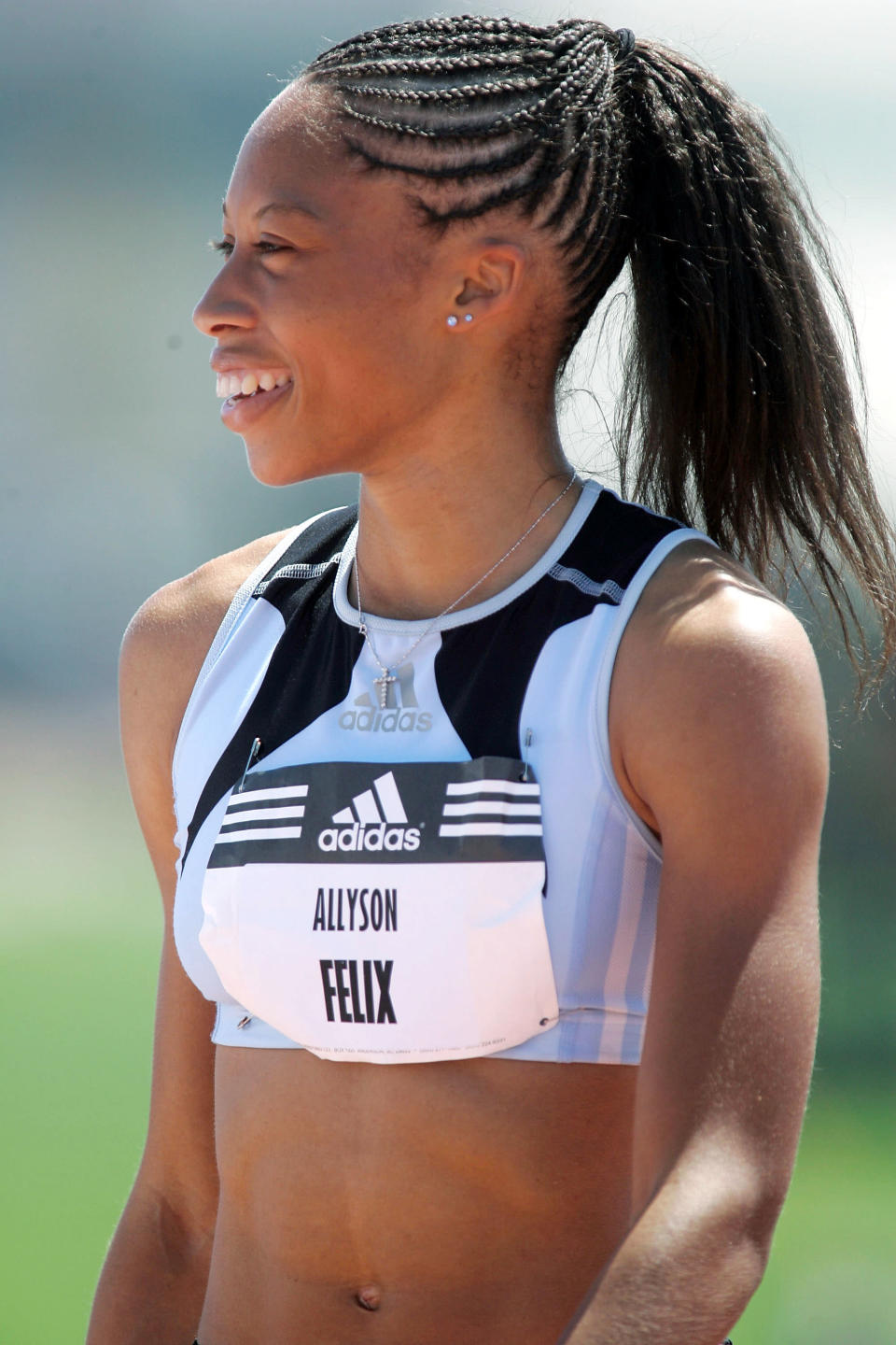 Allyson Felix prepares for the women's 200 meter run at the Adidas Track Classic on May 22, 2005 at the Home Depot Center in Carson, California. (Photo by Danny Moloshok/Getty Images)