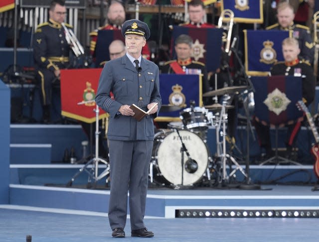 Actor Iain Glen reads the testimony of Group Captain James Stagg during the UK’s national commemorative event for the 80th anniversary of D-Day, hosted by the Ministry of Defence on Southsea Common in Portsmouth, Hampshire 